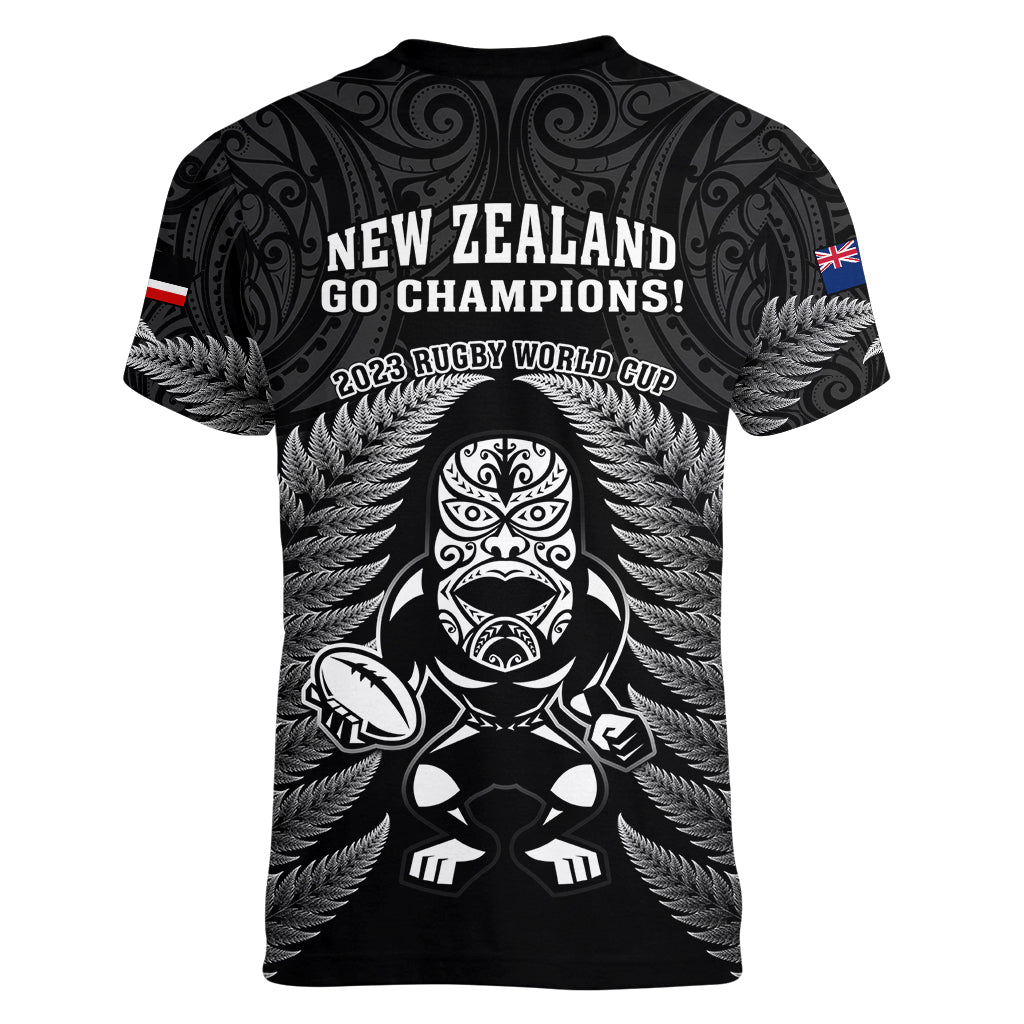 New Zealand Aotearoa Rugby Women V Neck T Shirt NZ Tiki With Maori Fern World Cup Black Version LT14 - Polynesian Pride