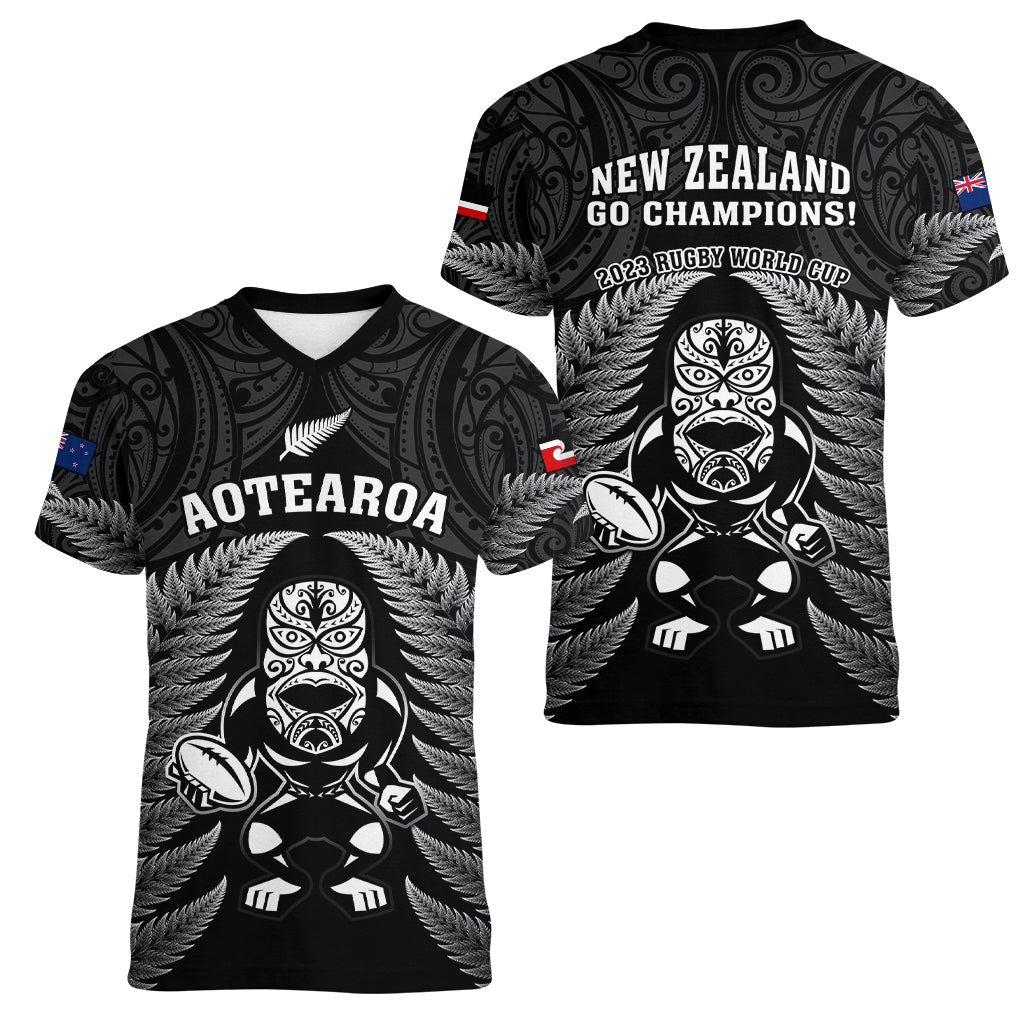 New Zealand Aotearoa Rugby Women V Neck T Shirt NZ Tiki With Maori Fern World Cup Black Version LT14 - Polynesian Pride