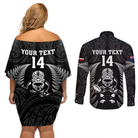 Custom New Zealand Aotearoa Rugby Couples Matching Off Shoulder Short Dress and Long Sleeve Button Shirts NZ Tiki With Maori Fern World Cup Black Version LT14 - Polynesian Pride