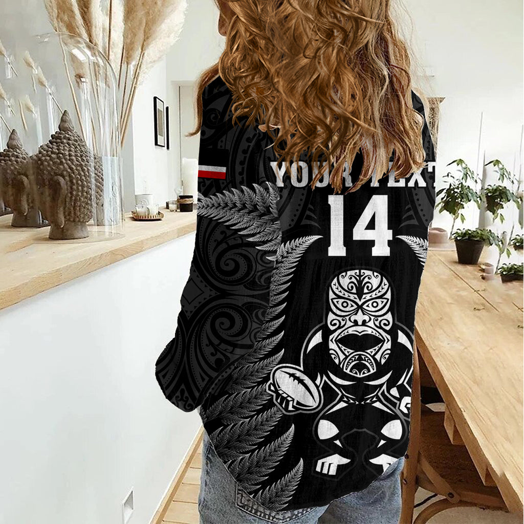 Custom New Zealand Aotearoa Rugby Women Casual Shirt NZ Tiki With Maori Fern World Cup Black Version LT14