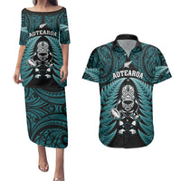New Zealand Aotearoa Rugby Couples Matching Puletasi Dress and Hawaiian Shirt NZ Tiki With Maori Fern World Cup Turquoise Version LT14 Turquoise - Polynesian Pride