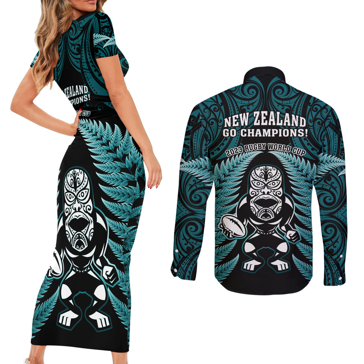 New Zealand Aotearoa Rugby Couples Matching Short Sleeve Bodycon Dress and Long Sleeve Button Shirts NZ Tiki With Maori Fern World Cup Turquoise Version LT14 - Polynesian Pride