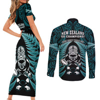 New Zealand Aotearoa Rugby Couples Matching Short Sleeve Bodycon Dress and Long Sleeve Button Shirts NZ Tiki With Maori Fern World Cup Turquoise Version LT14 - Polynesian Pride