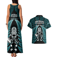 New Zealand Aotearoa Rugby Couples Matching Tank Maxi Dress and Hawaiian Shirt NZ Tiki With Maori Fern World Cup Turquoise Version LT14 - Polynesian Pride
