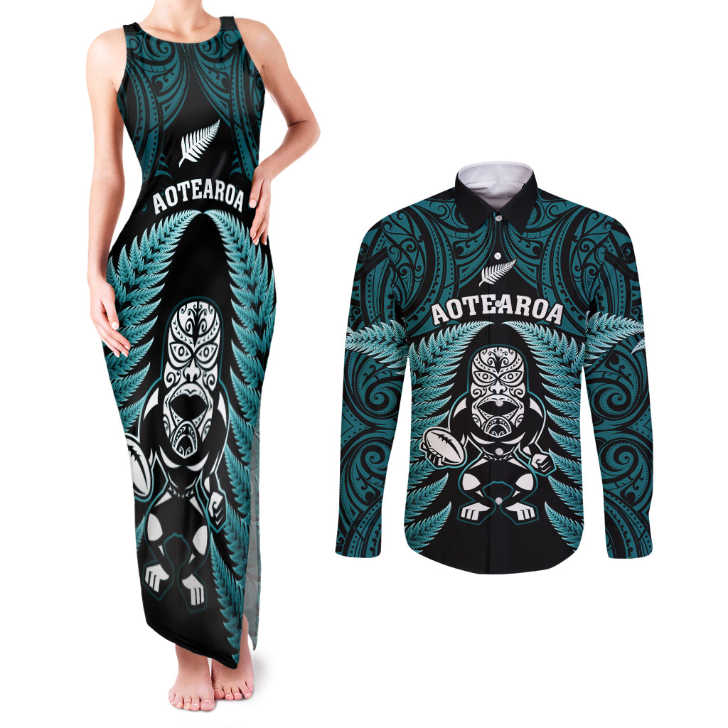 New Zealand Aotearoa Rugby Couples Matching Tank Maxi Dress and Long Sleeve Button Shirts NZ Tiki With Maori Fern World Cup Turquoise Version LT14 Turquoise - Polynesian Pride