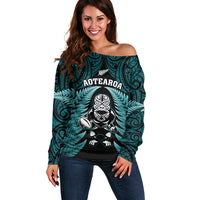 New Zealand Aotearoa Rugby Off Shoulder Sweater NZ Tiki With Maori Fern World Cup Turquoise Version LT14 Women Turquoise - Polynesian Pride