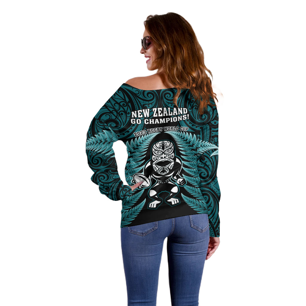 New Zealand Aotearoa Rugby Off Shoulder Sweater NZ Tiki With Maori Fern World Cup Turquoise Version LT14 - Polynesian Pride