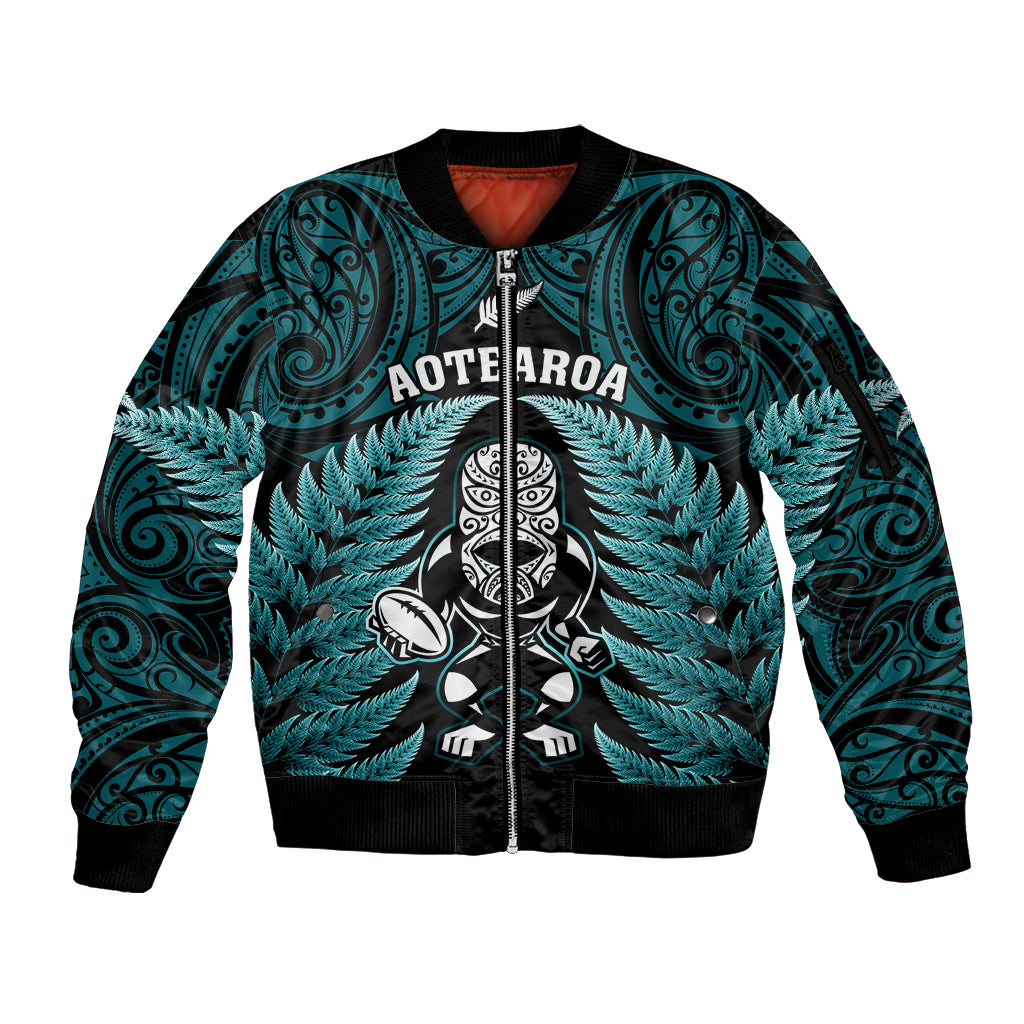 New Zealand Aotearoa Rugby Sleeve Zip Bomber Jacket NZ Tiki With Maori Fern World Cup Turquoise Version LT14 Unisex Turquoise - Polynesian Pride