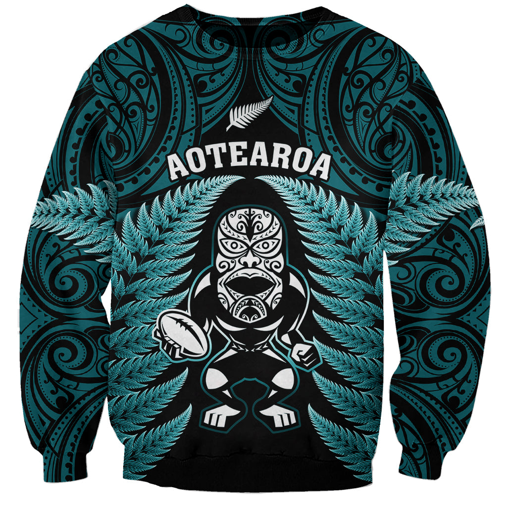 New Zealand Aotearoa Rugby Sweatshirt NZ Tiki With Maori Fern World Cup Turquoise Version LT14 Unisex Turquoise - Polynesian Pride