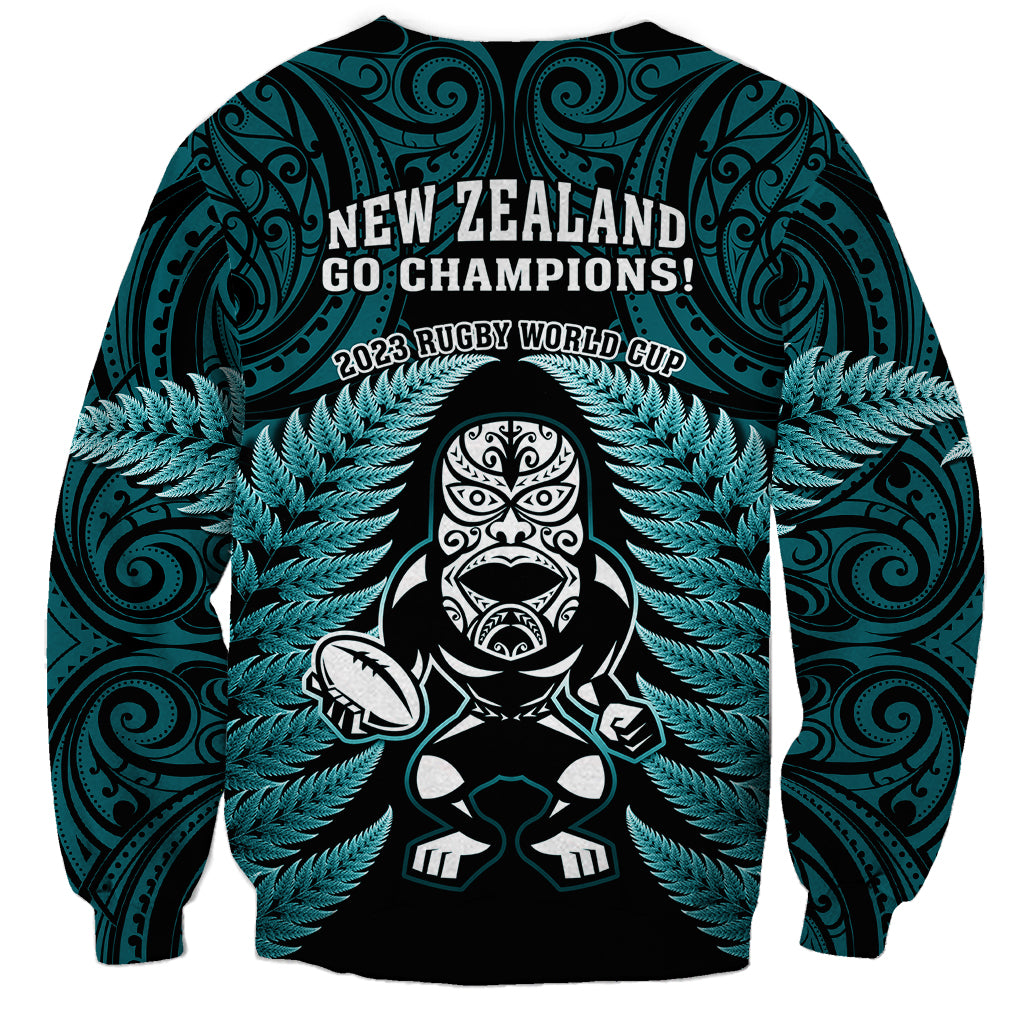 New Zealand Aotearoa Rugby Sweatshirt NZ Tiki With Maori Fern World Cup Turquoise Version LT14 - Polynesian Pride