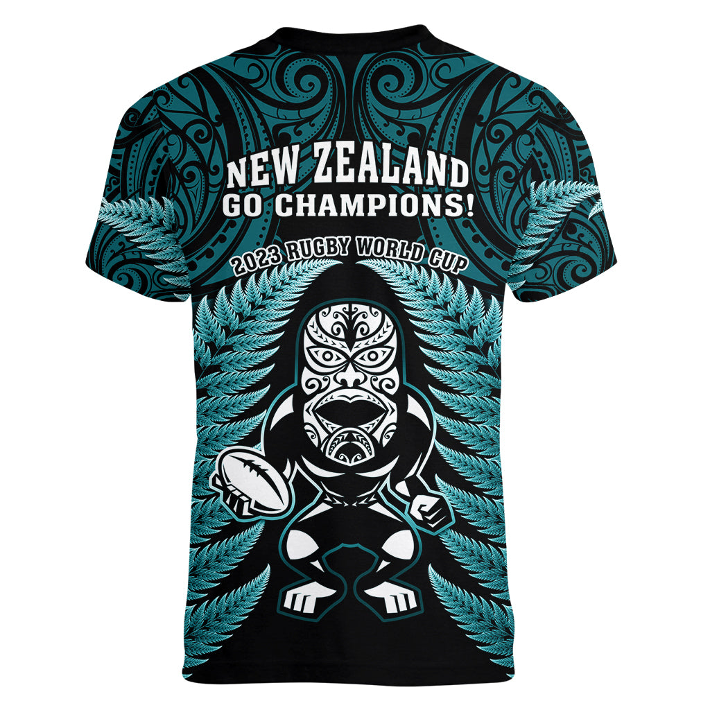 New Zealand Aotearoa Rugby Women V Neck T Shirt NZ Tiki With Maori Fern World Cup Turquoise Version LT14 - Polynesian Pride