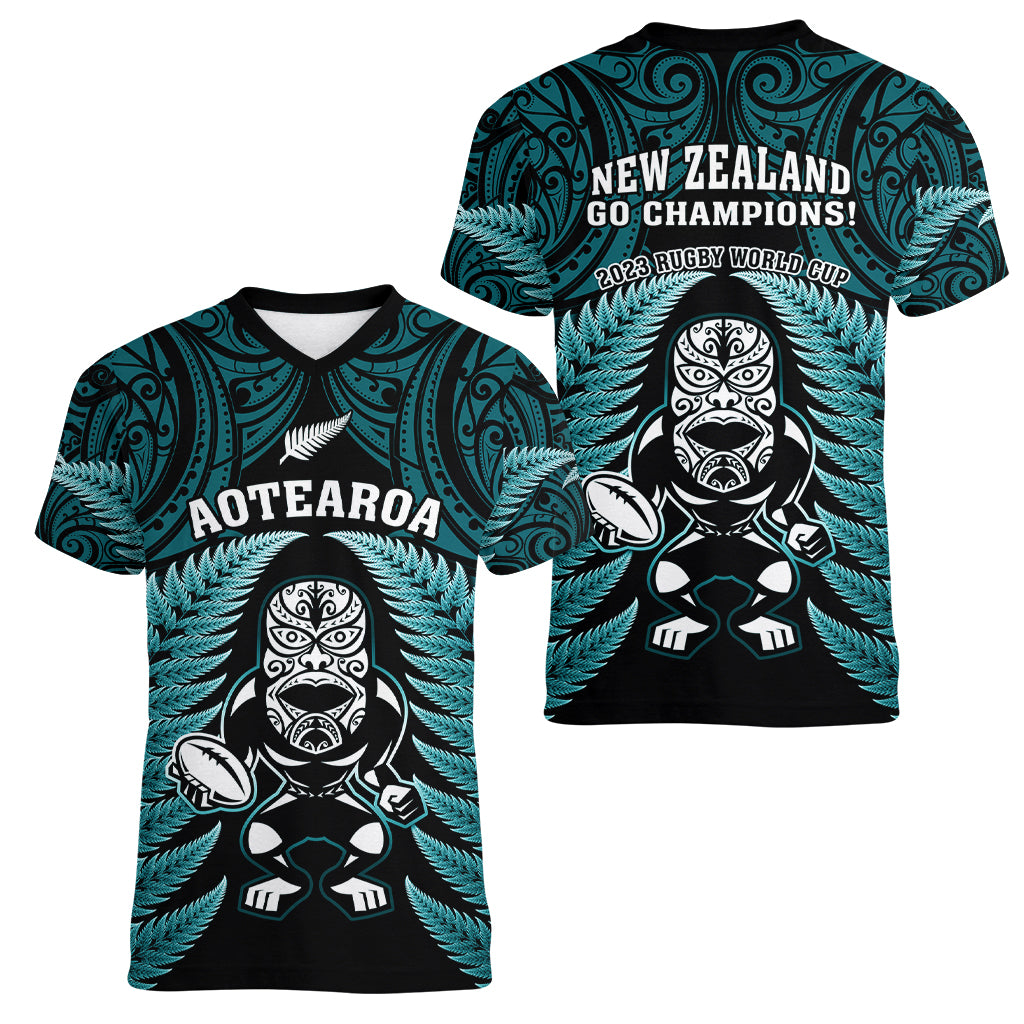 New Zealand Aotearoa Rugby Women V Neck T Shirt NZ Tiki With Maori Fern World Cup Turquoise Version LT14 - Polynesian Pride