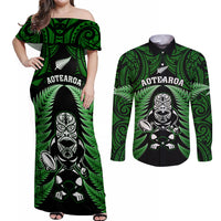 New Zealand Aotearoa Rugby Couples Matching Off Shoulder Maxi Dress and Long Sleeve Button Shirts NZ Tiki With Maori Fern World Cup Green Version LT14 Green - Polynesian Pride