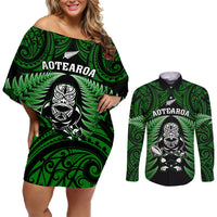 New Zealand Aotearoa Rugby Couples Matching Off Shoulder Short Dress and Long Sleeve Button Shirts NZ Tiki With Maori Fern World Cup Green Version LT14 Green - Polynesian Pride
