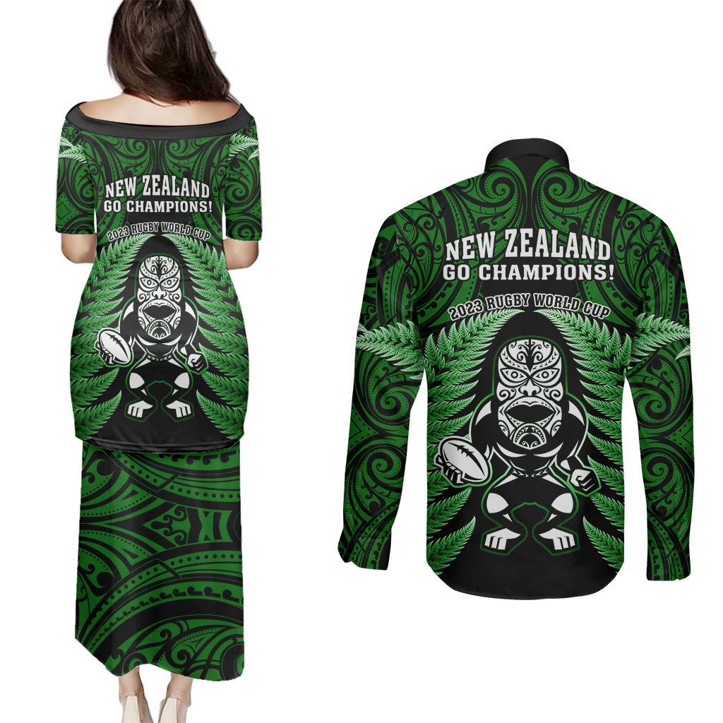 New Zealand Aotearoa Rugby Couples Matching Puletasi Dress and Long Sleeve Button Shirts NZ Tiki With Maori Fern World Cup Green Version LT14 - Polynesian Pride