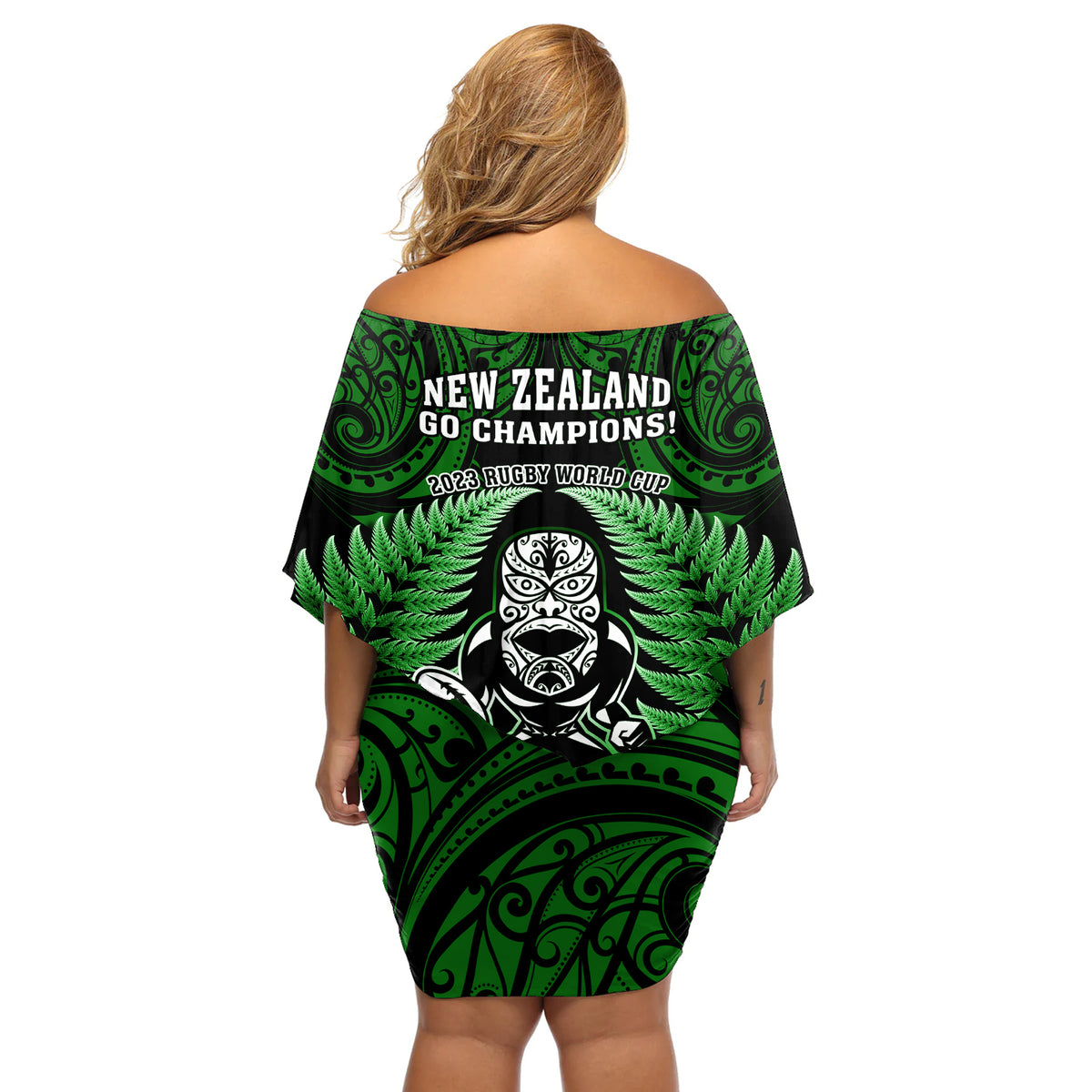New Zealand Aotearoa Rugby Off Shoulder Short Dress NZ Tiki With Maori Fern World Cup Green Version LT14 - Polynesian Pride
