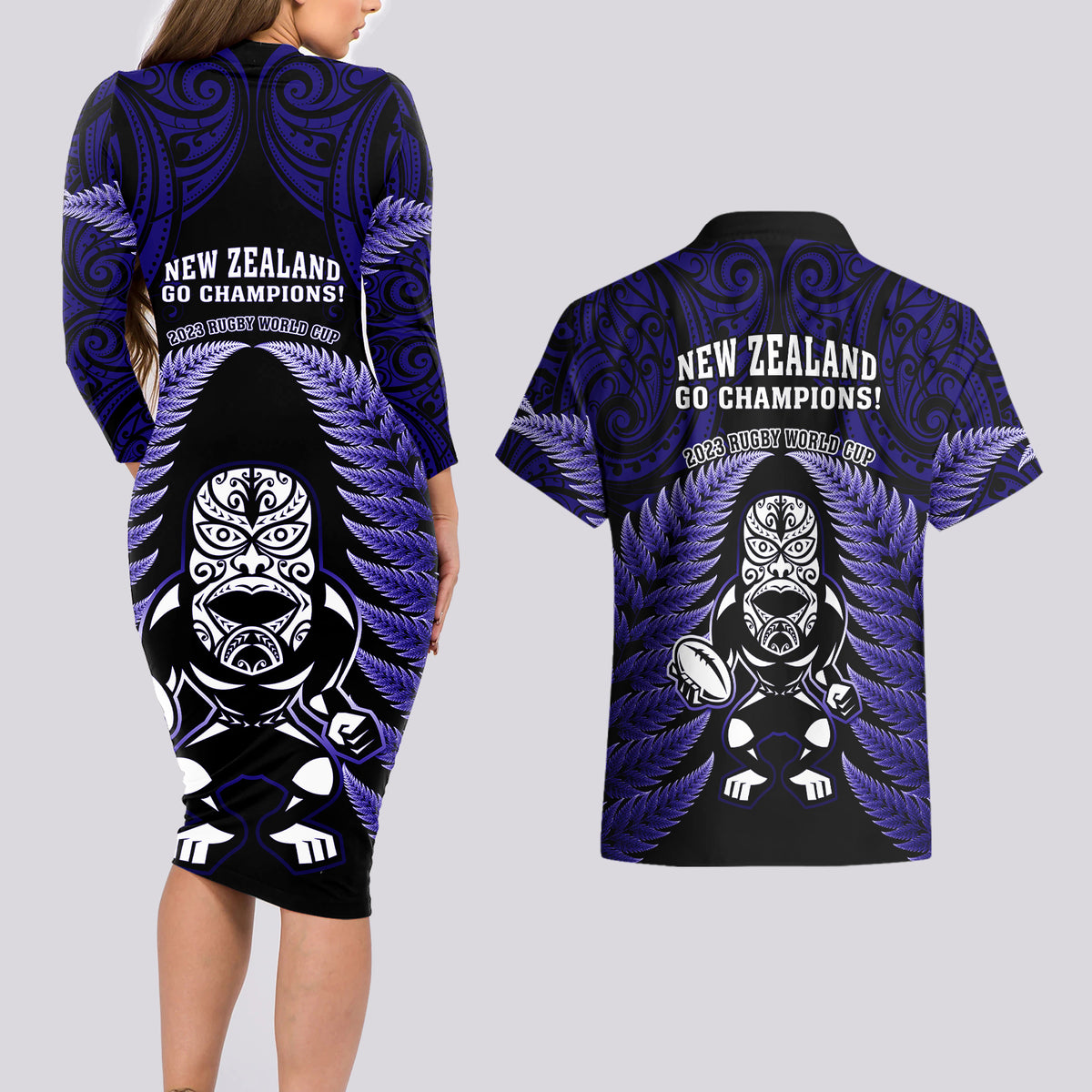 New Zealand Aotearoa Rugby Couples Matching Long Sleeve Bodycon Dress and Hawaiian Shirt NZ Tiki With Maori Fern World Cup Blue Version LT14 - Polynesian Pride