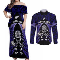 New Zealand Aotearoa Rugby Couples Matching Off Shoulder Maxi Dress and Long Sleeve Button Shirts NZ Tiki With Maori Fern World Cup Blue Version LT14 Blue - Polynesian Pride