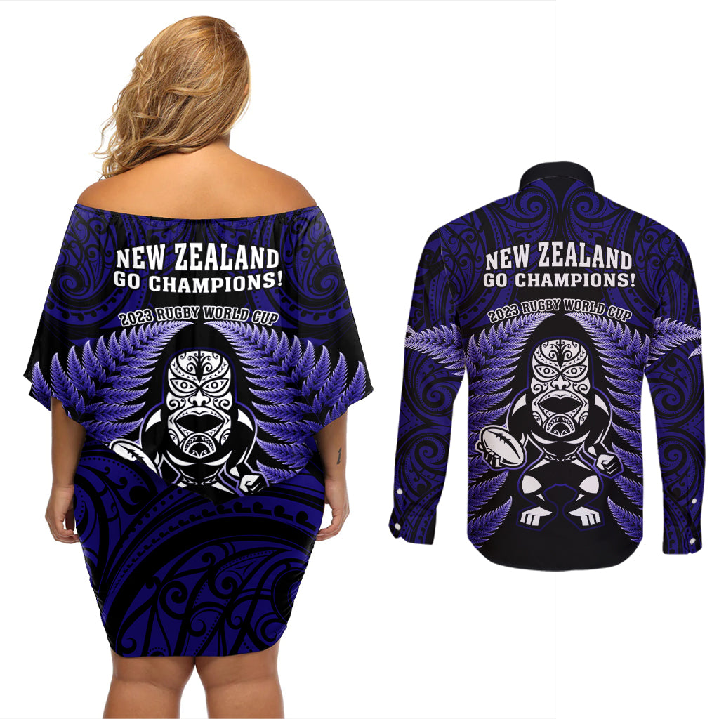 New Zealand Aotearoa Rugby Couples Matching Off Shoulder Short Dress and Long Sleeve Button Shirts NZ Tiki With Maori Fern World Cup Blue Version LT14 - Polynesian Pride