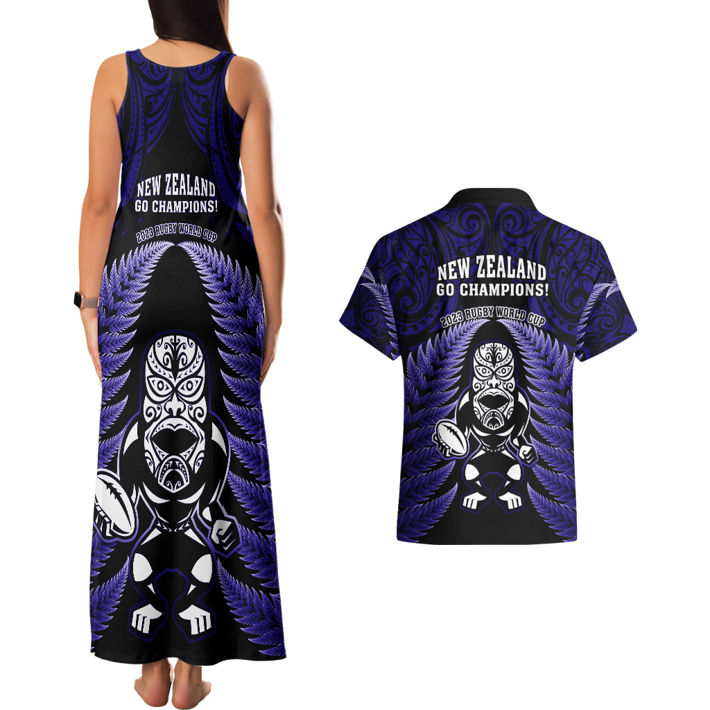 New Zealand Aotearoa Rugby Couples Matching Tank Maxi Dress and Hawaiian Shirt NZ Tiki With Maori Fern World Cup Blue Version LT14 - Polynesian Pride