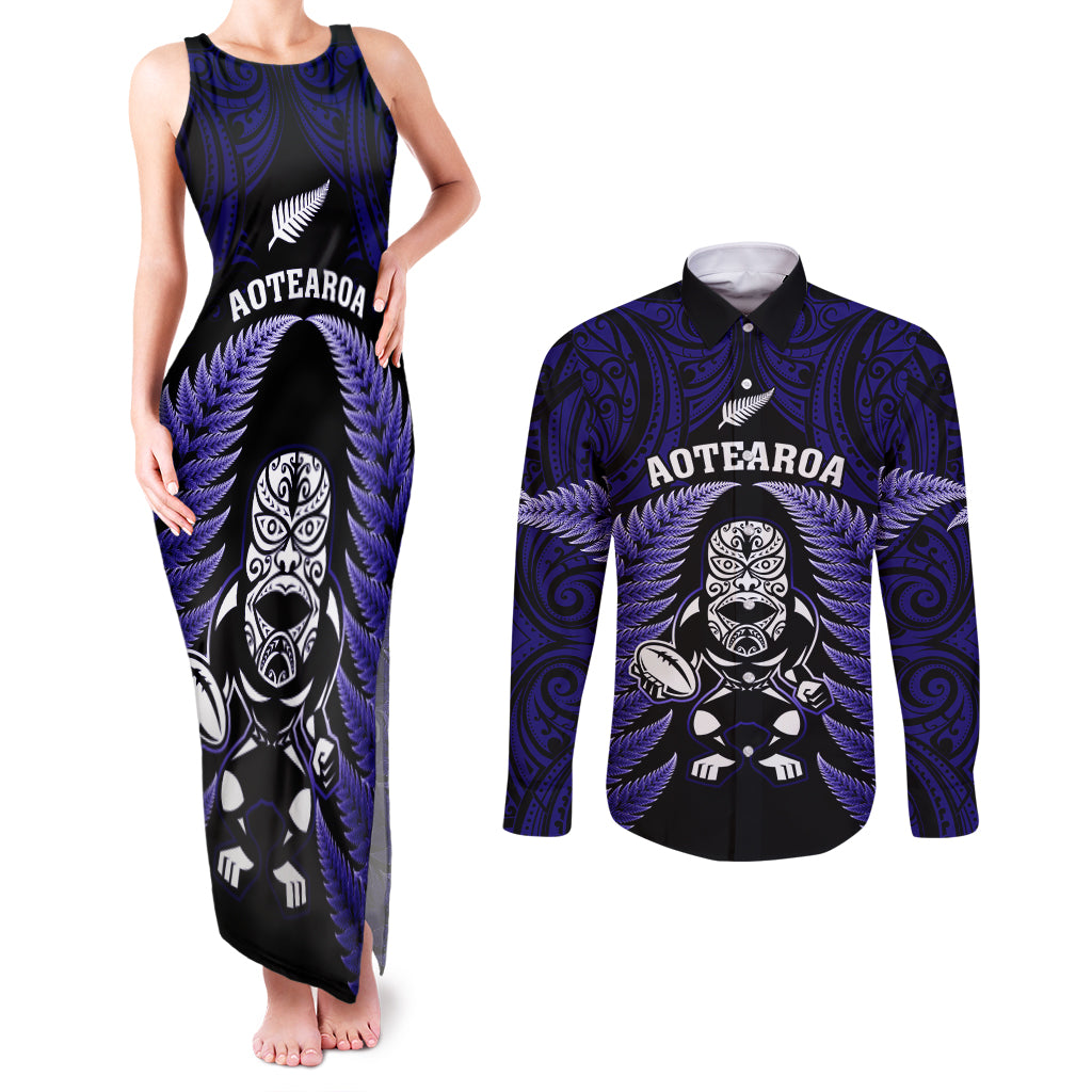 New Zealand Aotearoa Rugby Couples Matching Tank Maxi Dress and Long Sleeve Button Shirts NZ Tiki With Maori Fern World Cup Blue Version LT14 Blue - Polynesian Pride