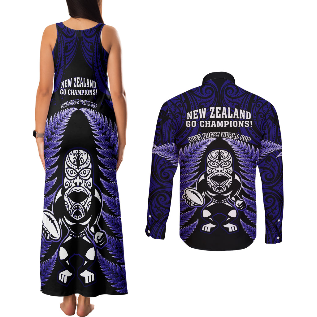 New Zealand Aotearoa Rugby Couples Matching Tank Maxi Dress and Long Sleeve Button Shirts NZ Tiki With Maori Fern World Cup Blue Version LT14 - Polynesian Pride