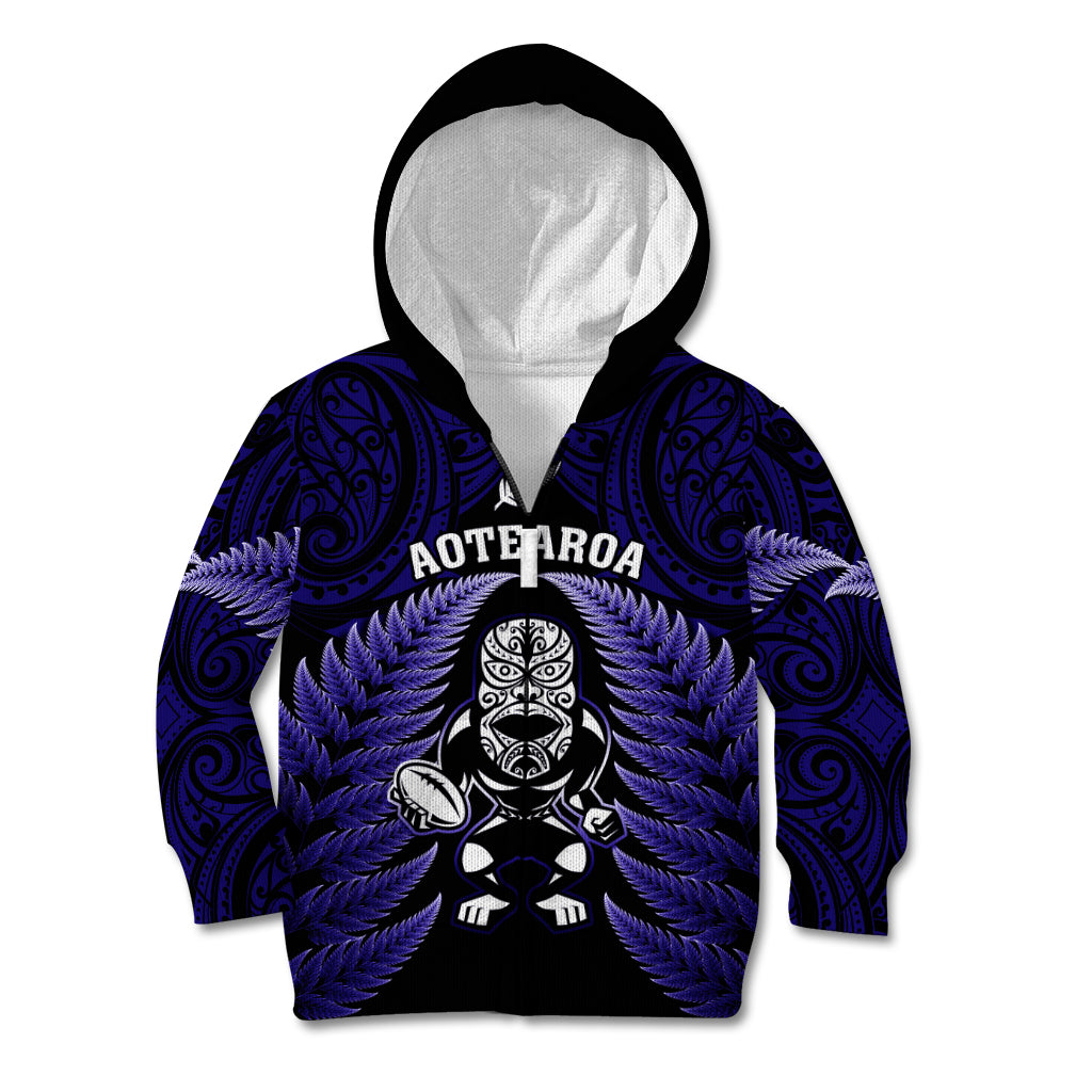 New Zealand Aotearoa Rugby Kid Hoodie NZ Tiki With Maori Fern World Cup Blue Version LT14 Zip Hoodie Blue - Polynesian Pride