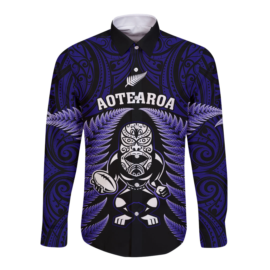New Zealand Aotearoa Rugby Long Sleeve Button Shirt NZ Tiki With Maori Fern World Cup Blue Version LT14 Unisex Blue - Polynesian Pride