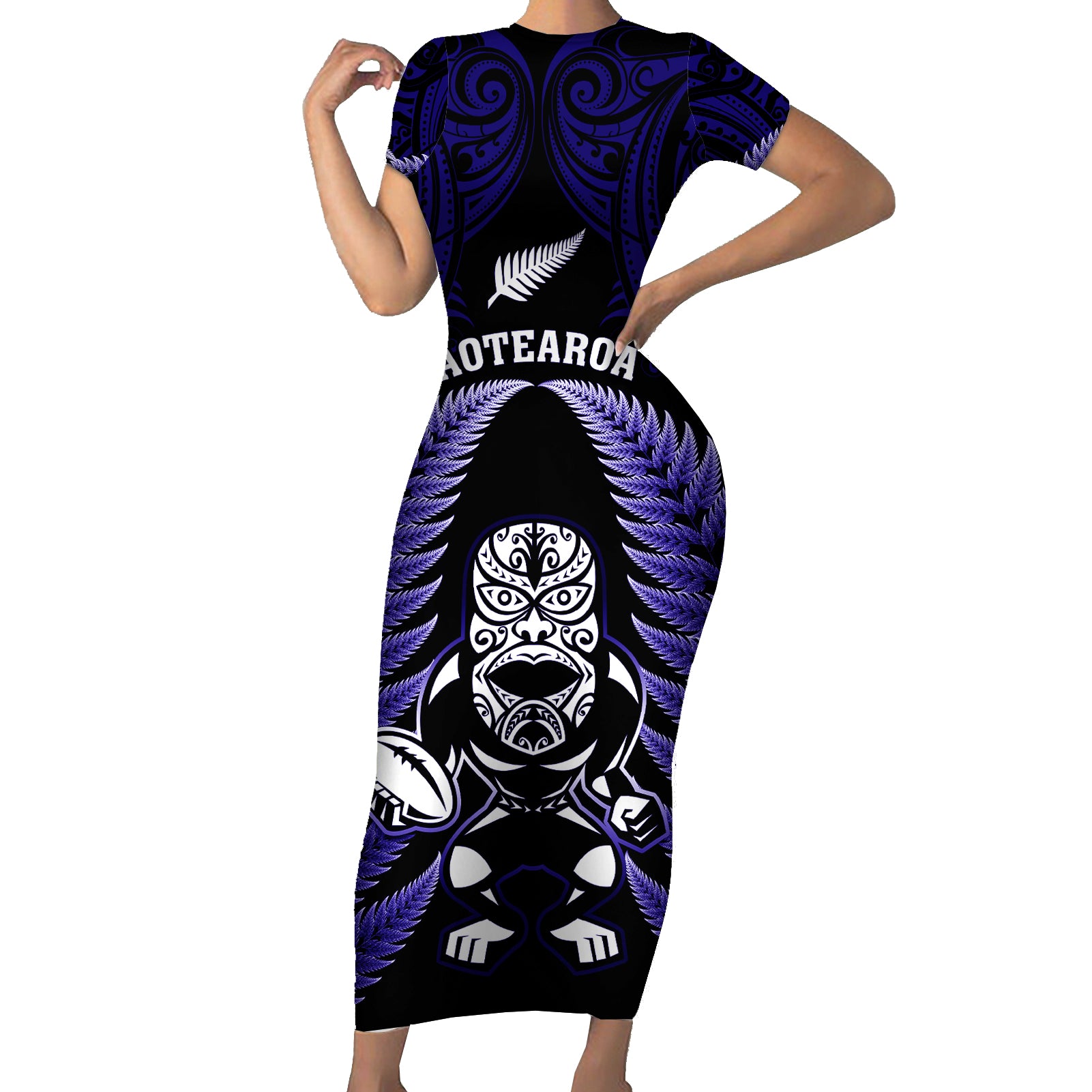 New Zealand Aotearoa Rugby Short Sleeve Bodycon Dress NZ Tiki With Maori Fern World Cup Blue Version LT14 Long Dress Blue - Polynesian Pride