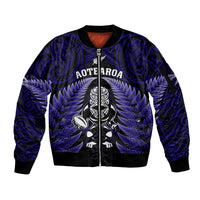 New Zealand Aotearoa Rugby Sleeve Zip Bomber Jacket NZ Tiki With Maori Fern World Cup Blue Version LT14 Unisex Blue - Polynesian Pride