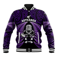 New Zealand Aotearoa Rugby Baseball Jacket NZ Tiki With Maori Fern World Cup Purple Version LT14 Unisex Purple - Polynesian Pride