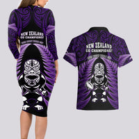 New Zealand Aotearoa Rugby Couples Matching Long Sleeve Bodycon Dress and Hawaiian Shirt NZ Tiki With Maori Fern World Cup Purple Version LT14 - Polynesian Pride