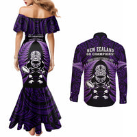 New Zealand Aotearoa Rugby Couples Matching Mermaid Dress and Long Sleeve Button Shirts NZ Tiki With Maori Fern World Cup Purple Version LT14 - Polynesian Pride