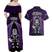 New Zealand Aotearoa Rugby Couples Matching Off Shoulder Maxi Dress and Hawaiian Shirt NZ Tiki With Maori Fern World Cup Purple Version LT14 - Polynesian Pride