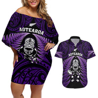 New Zealand Aotearoa Rugby Couples Matching Off Shoulder Short Dress and Hawaiian Shirt NZ Tiki With Maori Fern World Cup Purple Version LT14 Purple - Polynesian Pride