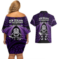 New Zealand Aotearoa Rugby Couples Matching Off Shoulder Short Dress and Hawaiian Shirt NZ Tiki With Maori Fern World Cup Purple Version LT14 - Polynesian Pride