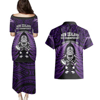 New Zealand Aotearoa Rugby Couples Matching Puletasi Dress and Hawaiian Shirt NZ Tiki With Maori Fern World Cup Purple Version LT14 - Polynesian Pride