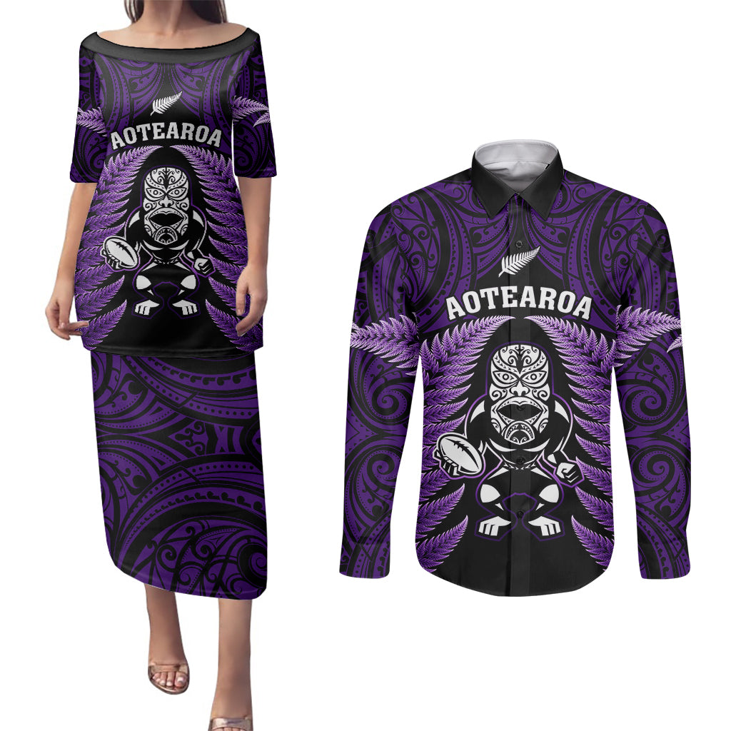 New Zealand Aotearoa Rugby Couples Matching Puletasi Dress and Long Sleeve Button Shirts NZ Tiki With Maori Fern World Cup Purple Version LT14 Purple - Polynesian Pride