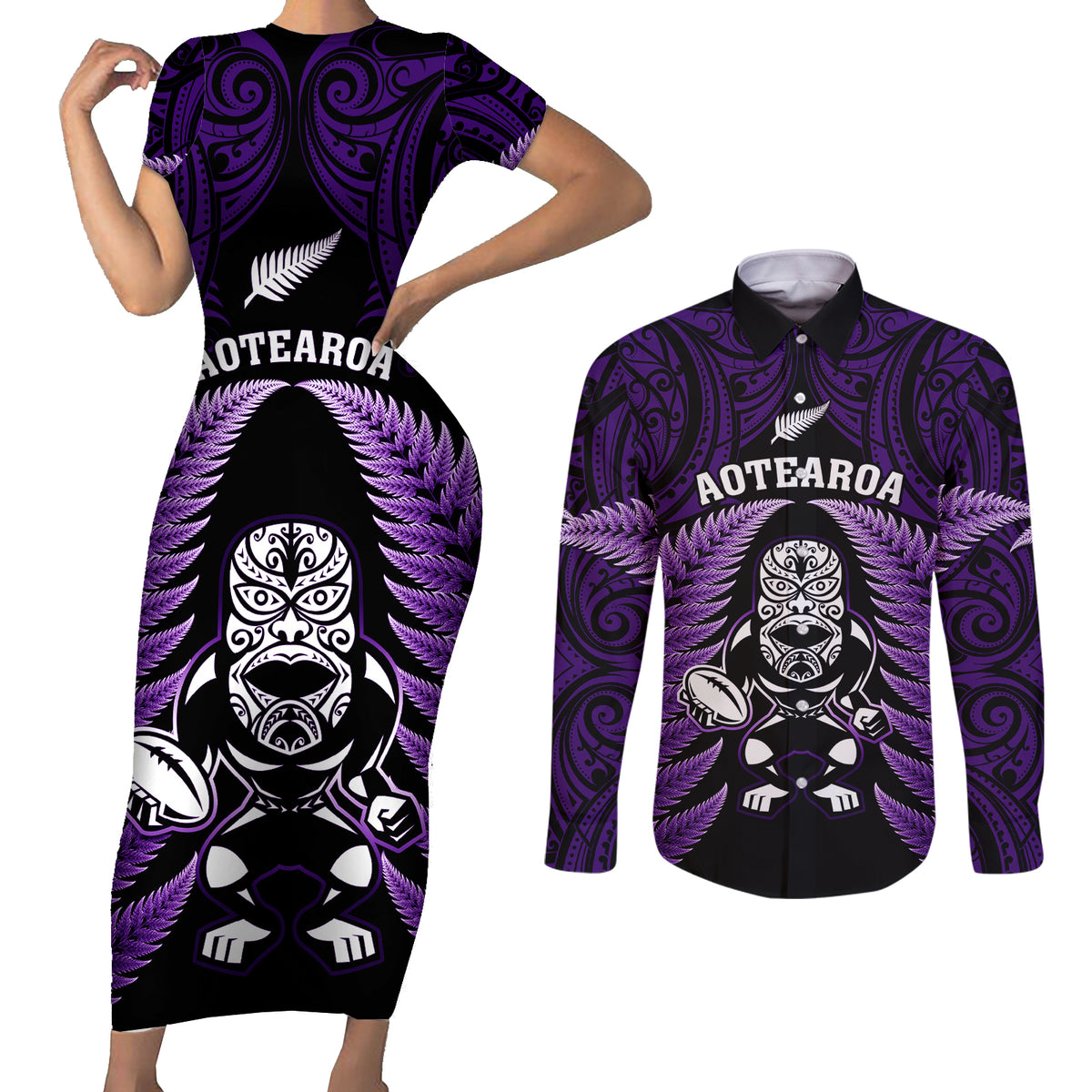 New Zealand Aotearoa Rugby Couples Matching Short Sleeve Bodycon Dress and Long Sleeve Button Shirts NZ Tiki With Maori Fern World Cup Purple Version LT14 Purple - Polynesian Pride
