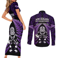 New Zealand Aotearoa Rugby Couples Matching Short Sleeve Bodycon Dress and Long Sleeve Button Shirts NZ Tiki With Maori Fern World Cup Purple Version LT14 - Polynesian Pride
