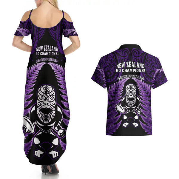New Zealand Aotearoa Rugby Off Shoulder Maxi Dress NZ Tiki With Maori Fern World Cup Purple Version LT14