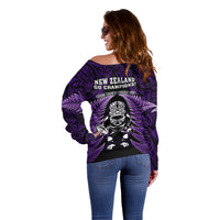 New Zealand Aotearoa Rugby Off Shoulder Sweater NZ Tiki With Maori Fern World Cup Purple Version LT14 - Polynesian Pride