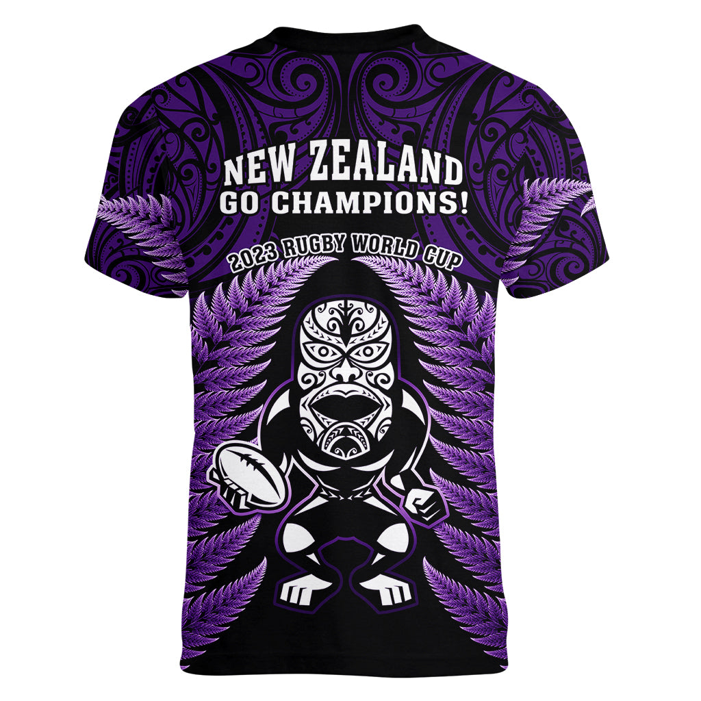 New Zealand Aotearoa Rugby Women V Neck T Shirt NZ Tiki With Maori Fern World Cup Purple Version LT14 - Polynesian Pride