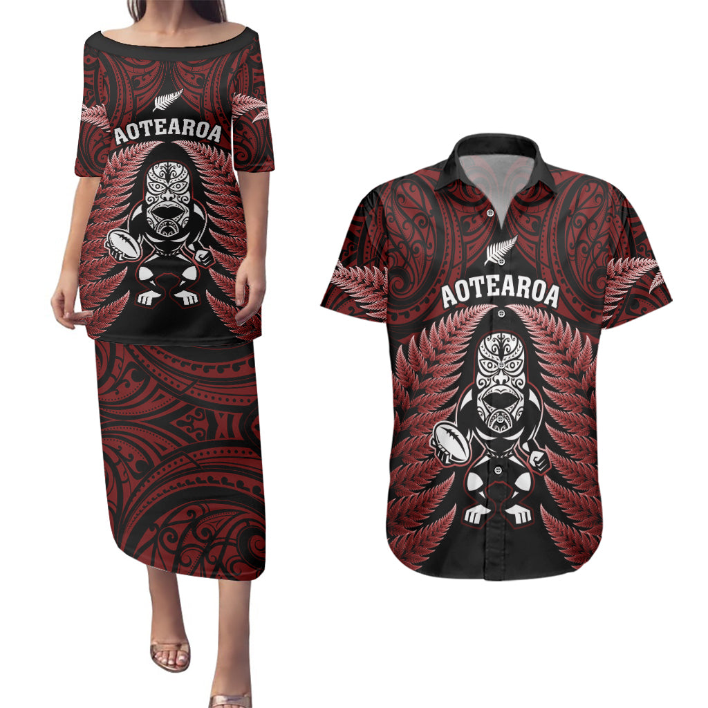 New Zealand Aotearoa Rugby Couples Matching Puletasi Dress and Hawaiian Shirt NZ Tiki With Maori Fern World Cup Red Version LT14 Red - Polynesian Pride