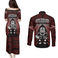 New Zealand Aotearoa Rugby Couples Matching Puletasi Dress and Long Sleeve Button Shirts NZ Tiki With Maori Fern World Cup Red Version LT14 - Polynesian Pride