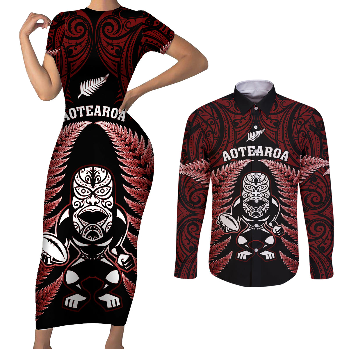 New Zealand Aotearoa Rugby Couples Matching Short Sleeve Bodycon Dress and Long Sleeve Button Shirts NZ Tiki With Maori Fern World Cup Red Version LT14 Red - Polynesian Pride