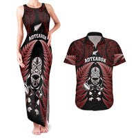 New Zealand Aotearoa Rugby Couples Matching Tank Maxi Dress and Hawaiian Shirt NZ Tiki With Maori Fern World Cup Red Version LT14 Red - Polynesian Pride