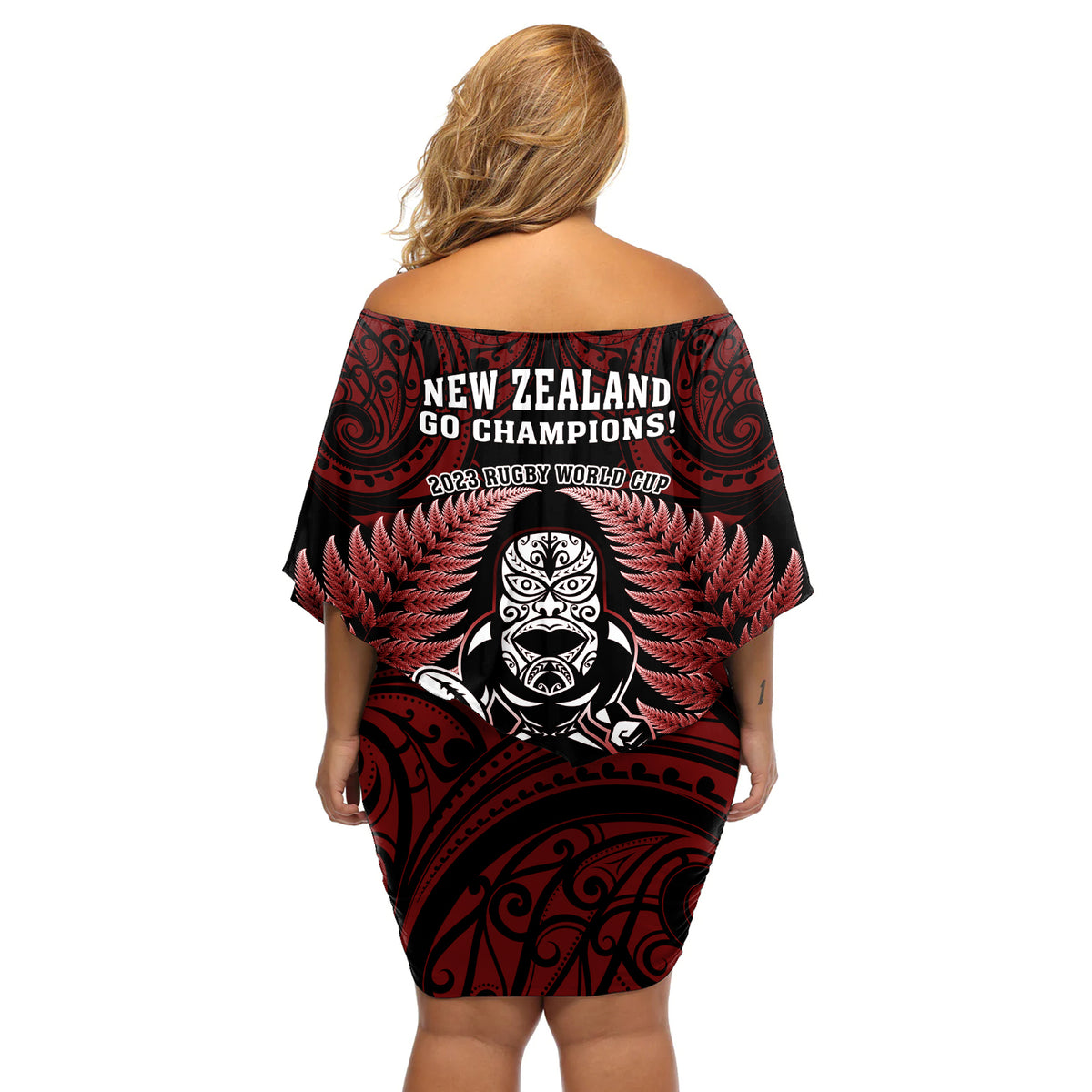 New Zealand Aotearoa Rugby Off Shoulder Short Dress NZ Tiki With Maori Fern World Cup Red Version LT14 - Polynesian Pride