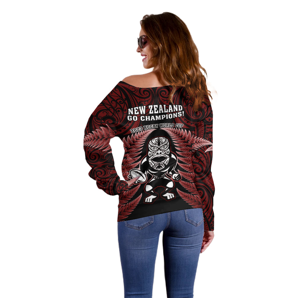 New Zealand Aotearoa Rugby Off Shoulder Sweater NZ Tiki With Maori Fern World Cup Red Version LT14 - Polynesian Pride