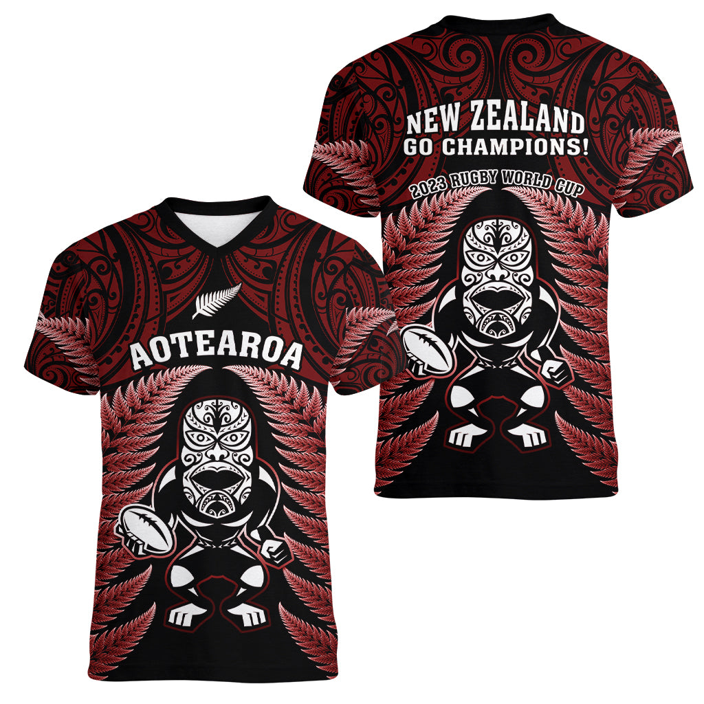 New Zealand Aotearoa Rugby Women V Neck T Shirt NZ Tiki With Maori Fern World Cup Red Version LT14 - Polynesian Pride